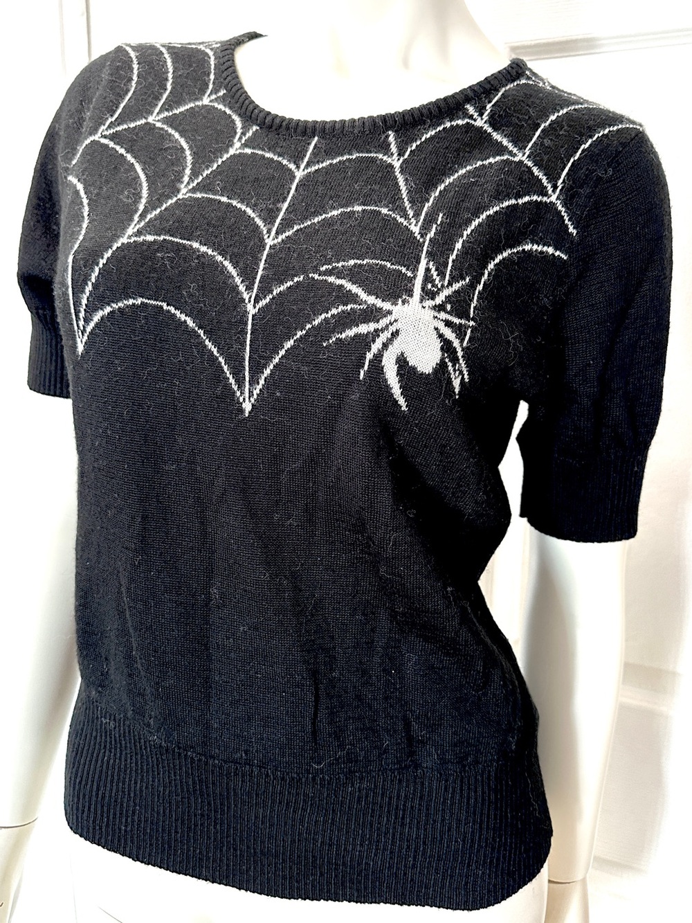 Hell Bunny Black Short-Sleeve Spider Web Knit Sweater with White Motif